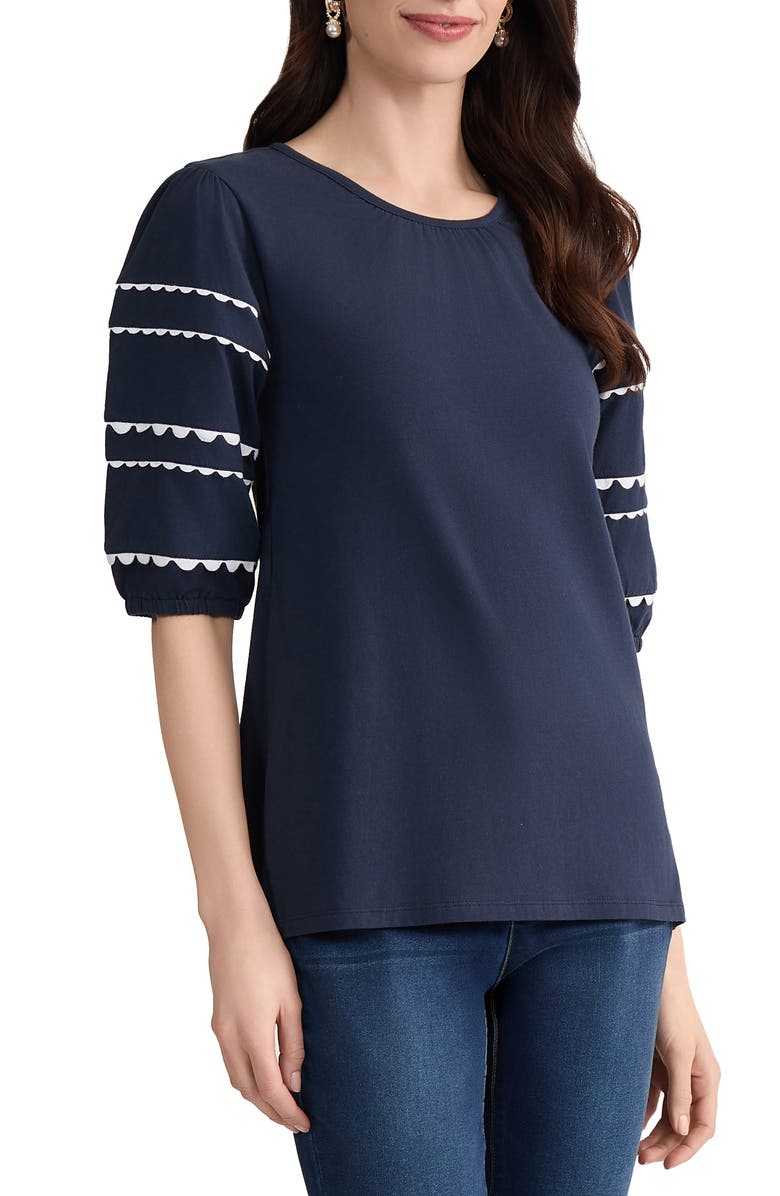 Jones New York Rickrack Puff Sleeve Stretch Cotton Top, Alternate, color, Pacific Navy/ Natural White