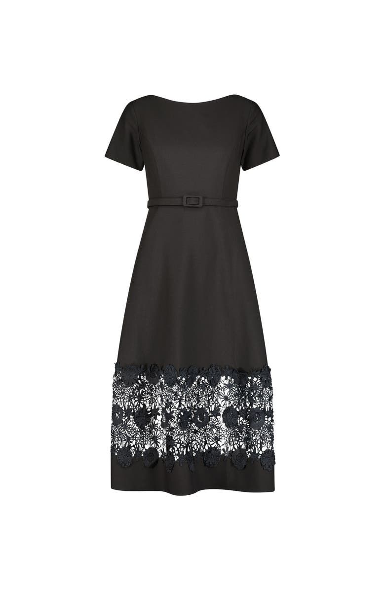 Mac Duggal Crepe Boat Neck Belted Lace Illusion Midi Dress, Alternate, color, Black