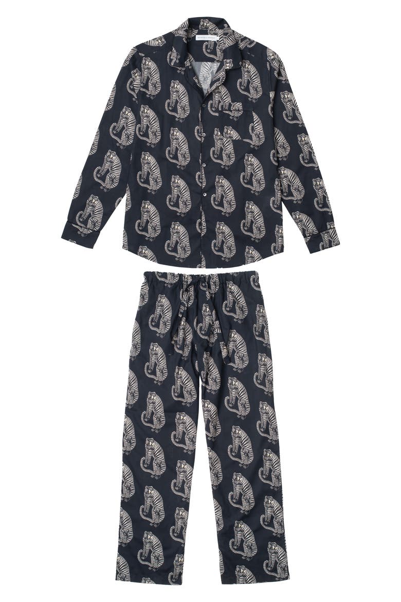 Tiger Print Long Sleeve Cotton Pajamas, Alternate, color, BLACK/ CREAM
