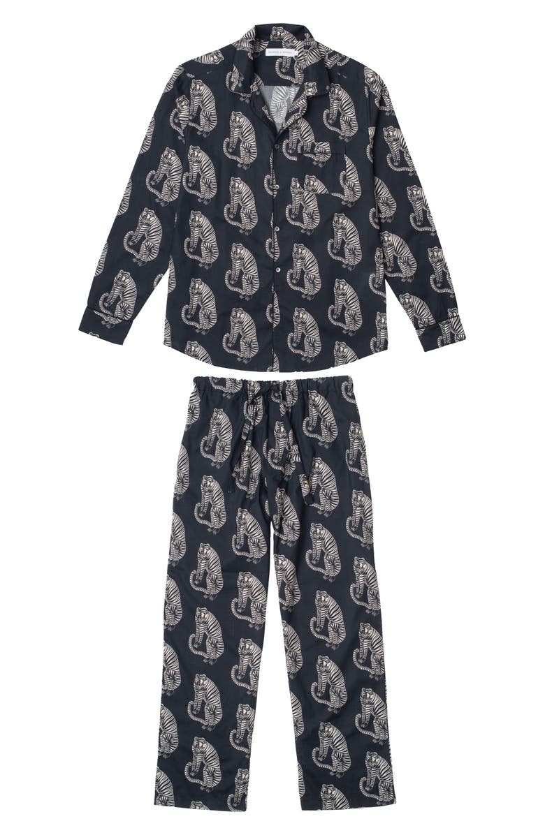 Desmond & Dempsey Tiger Print Long Sleeve Cotton Pajamas, Alternate, color, Black/ Cream