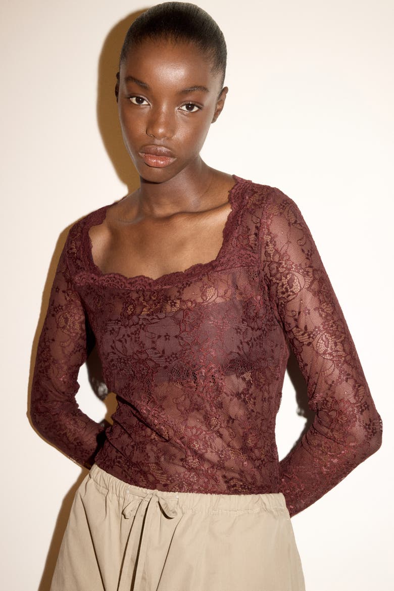Long-sleeved Lace Top, Alternate, color, Dark red