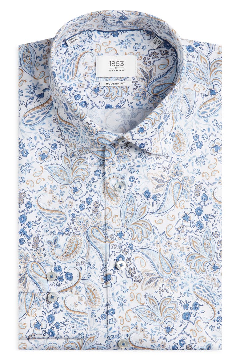 Modern Fit Floral Paisley Non-Iron Cotton & Linen Dress Shirt, Alternate, color, BLUE