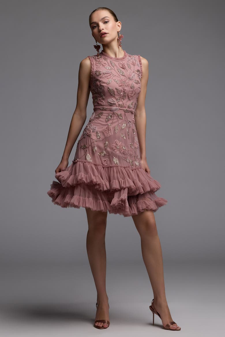 High Neck Sleeveless Beaded Dress With Ruffled Hem, Alternate, color, Antique Rose