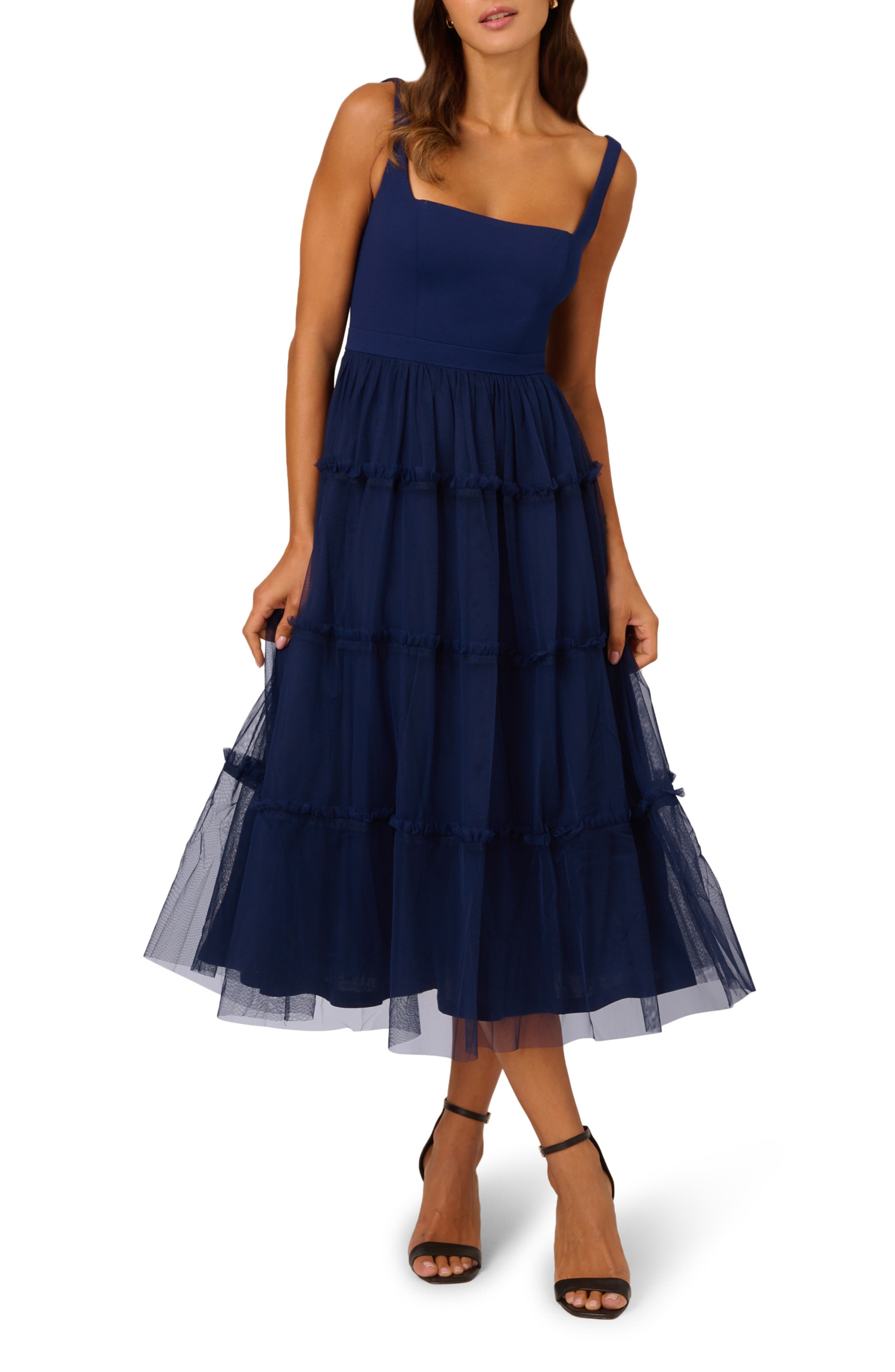 Adrianna Papell Mesh Overlay Tiered Midi Cocktail Dress in Navy 