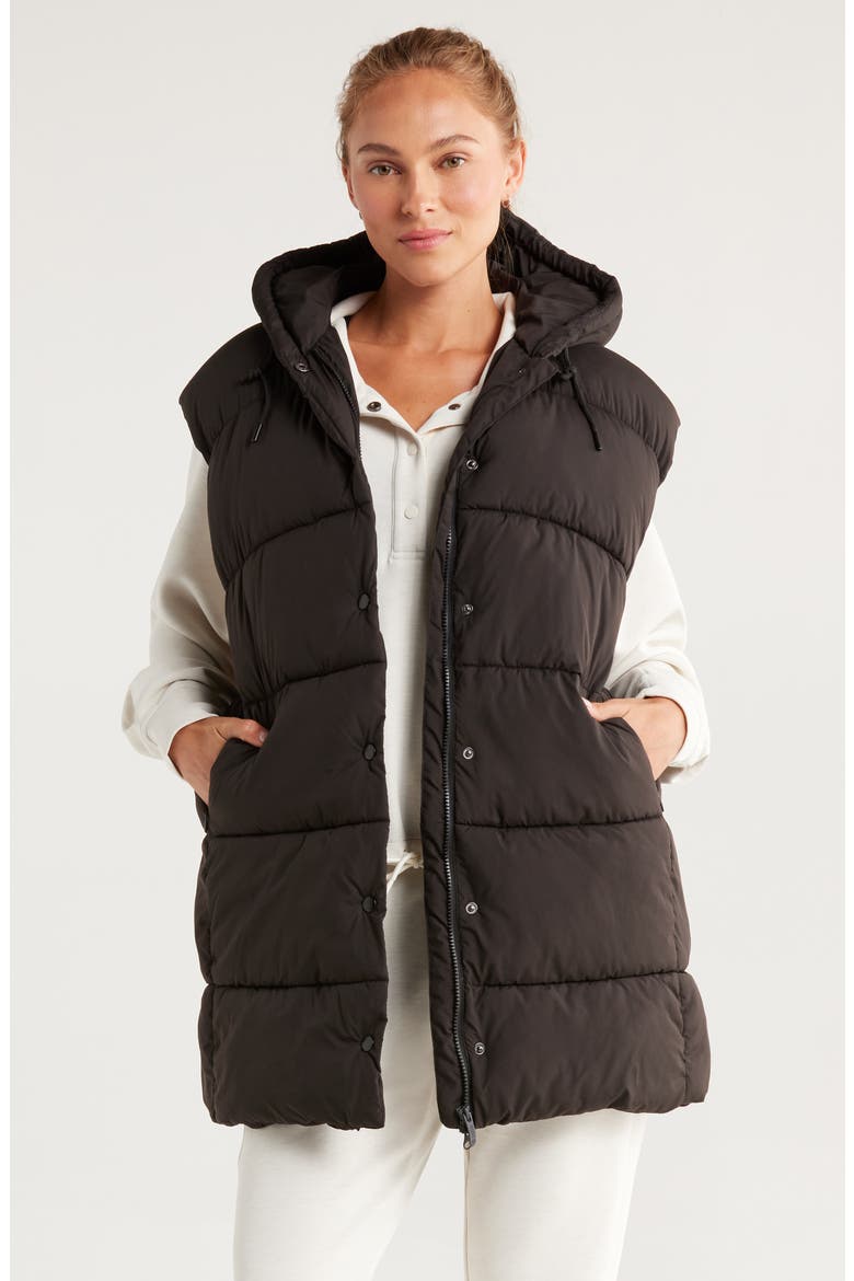 Longline Hooded Puffer Vest, Main, color, BLACK