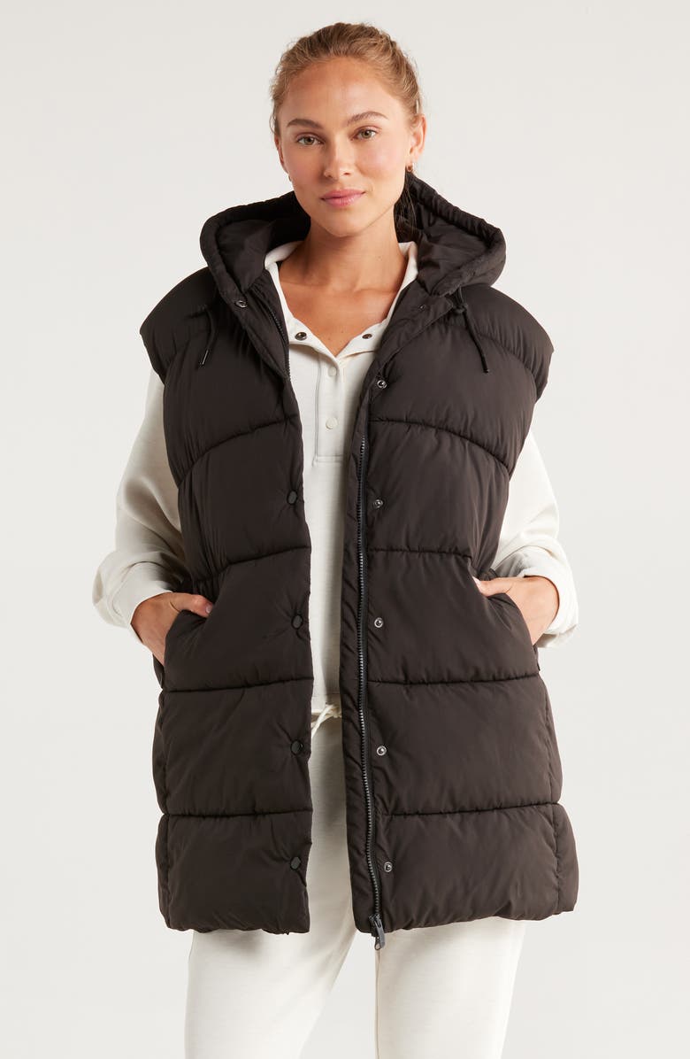 Zella Longline Hooded Puffer Vest, Main, color, Black