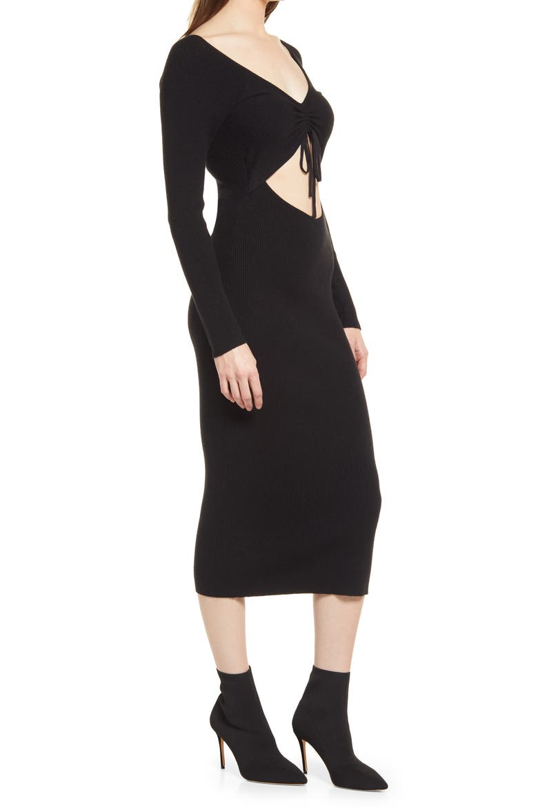 Gathered Front Cutout Long Sleeve Rib Midi Dress, Alternate, color, BLACK