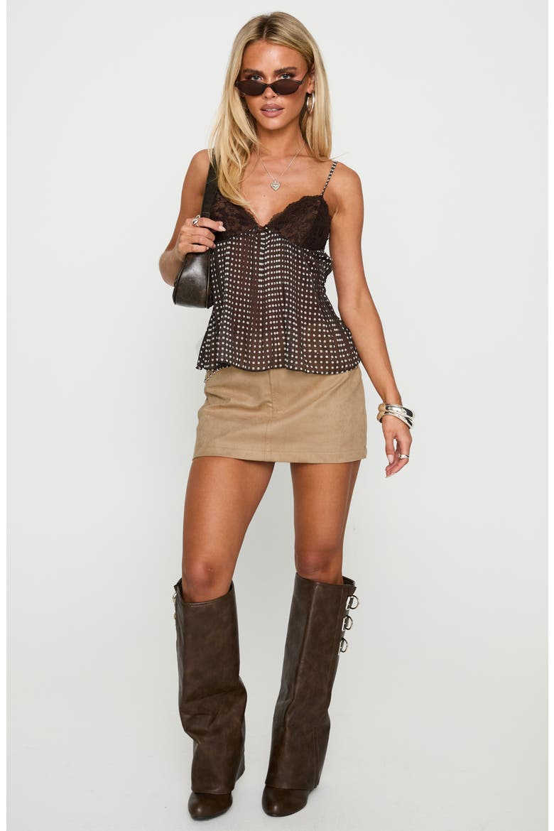 Zami Pleated Lace Trim & Polka Dot Semisheer Camisole, Alternate, color, BROWN POLKA