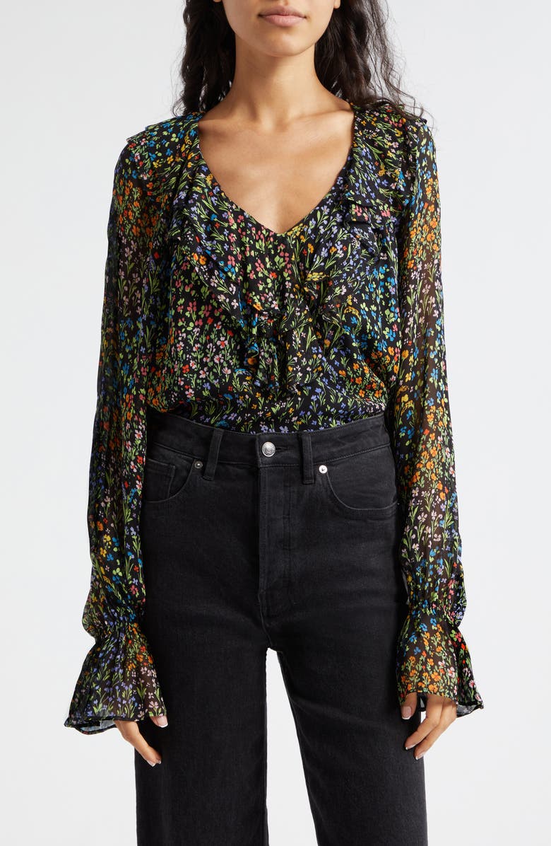 Ramy Brook Kendra Floral Print Ruffle Top, Main, color, Black Garden Ditsy Print