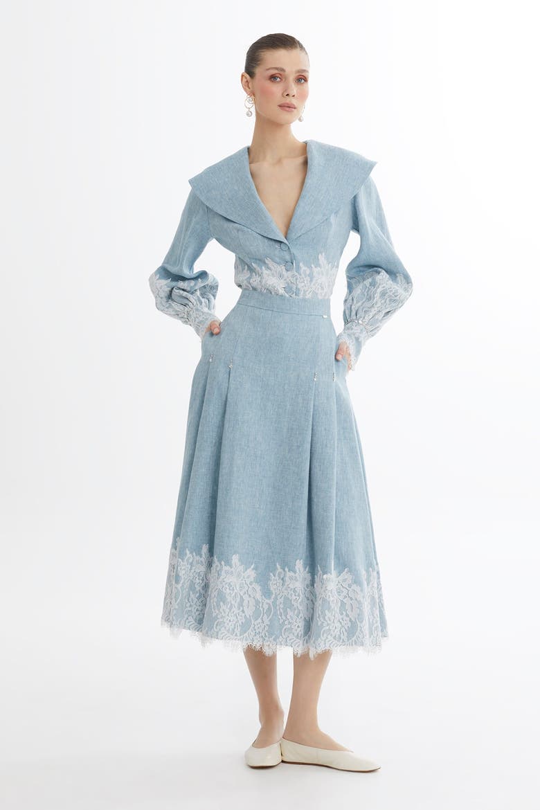 Blue Lace Trim Linen Midi Skirt, Main, color, Blue