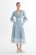 Gizia Blue Lace Trim Linen Midi Skirt