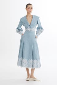 Gizia Blue Lace Trim Linen Midi Skirt