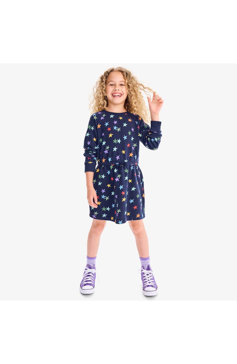 Primary Sweatshirt Dress In Rainbow Confetti Stars, Alternate, color, Navy Confetti Stars