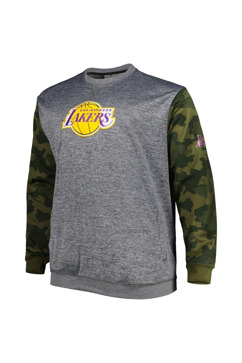 Men's Fanatics Branded Heather Charcoal Los Angeles Lakers Big & Tall Camo Stitched Sweatshirt, Alternate, color, Heather Charcoal
