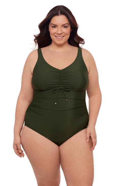 Plus Size Cinch V-neck Side Shirred One-Piece Swimsuit
