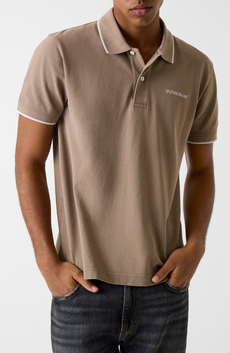 GUESS JEANS Logo Embroidered Tipped Polo, Main, color, Light Brown