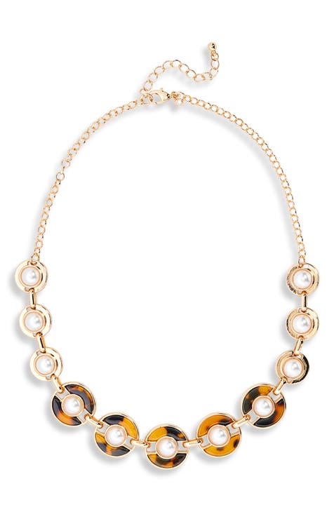 Faux Pearl & Tortoiseshell Pattern Circle Link Necklace