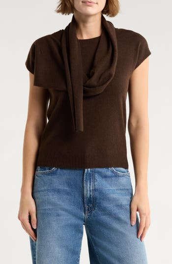 Magaschoni Cashmere Scarf Short Sleeve Sweater In Brown