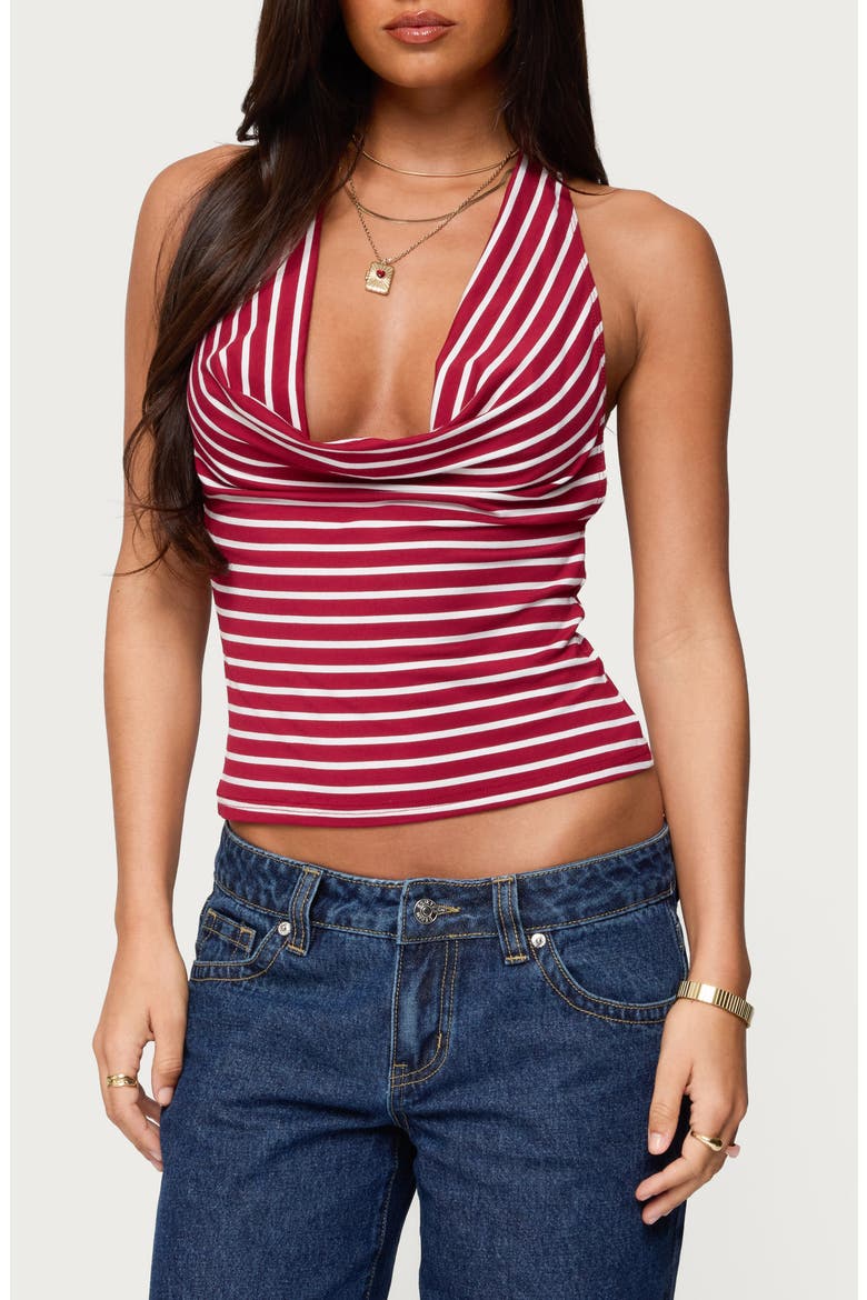 Stripe Cowl Neck Halter Top, Main, color, RED-AND-WHITE