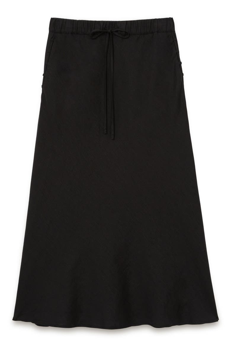 Roxi Drawstring Waist Linen Midi Skirt, Alternate, color, BLACK
