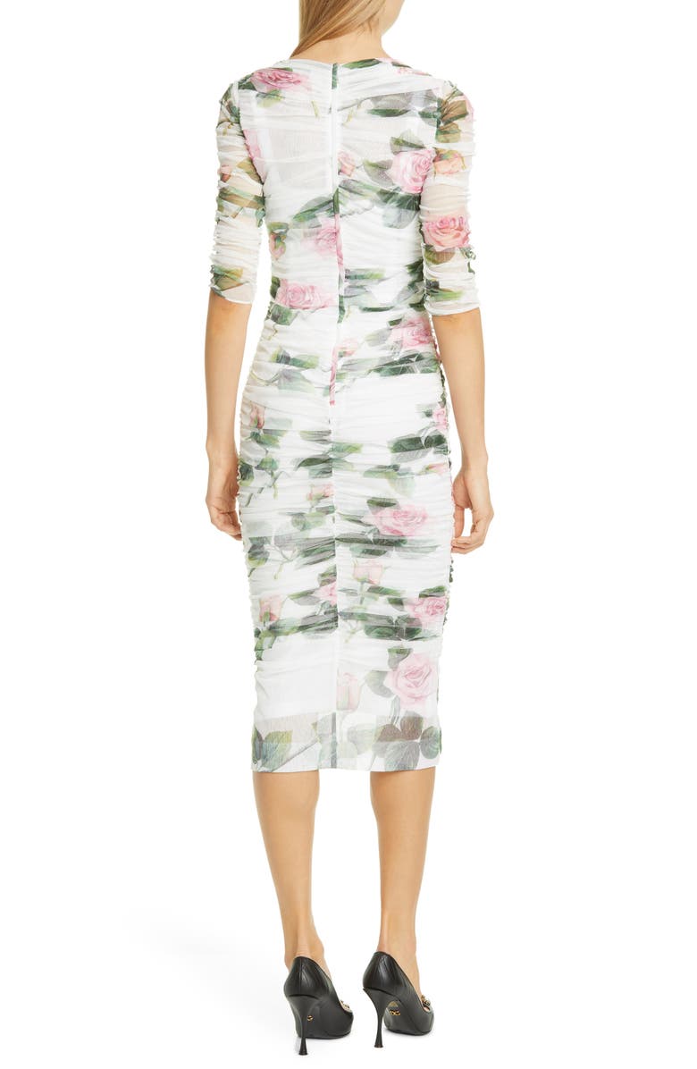 Dolce&Gabbana Rose Print Ruched Tulle Midi Dress, Alternate, color, 