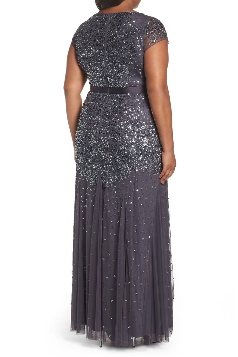 Beaded V-Neck Gown, Alternate, color, GUNMETAL