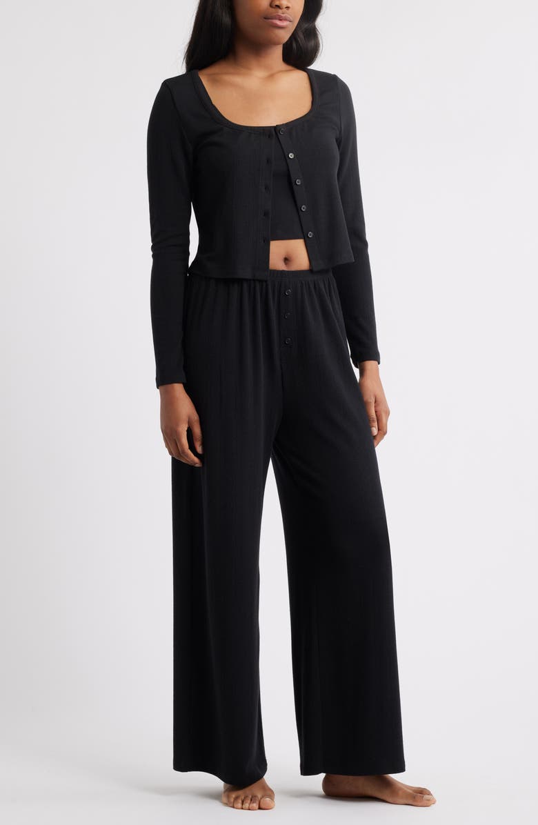 Open Edit 3-Piece Pointelle Knit Pajamas, Main, color, Black