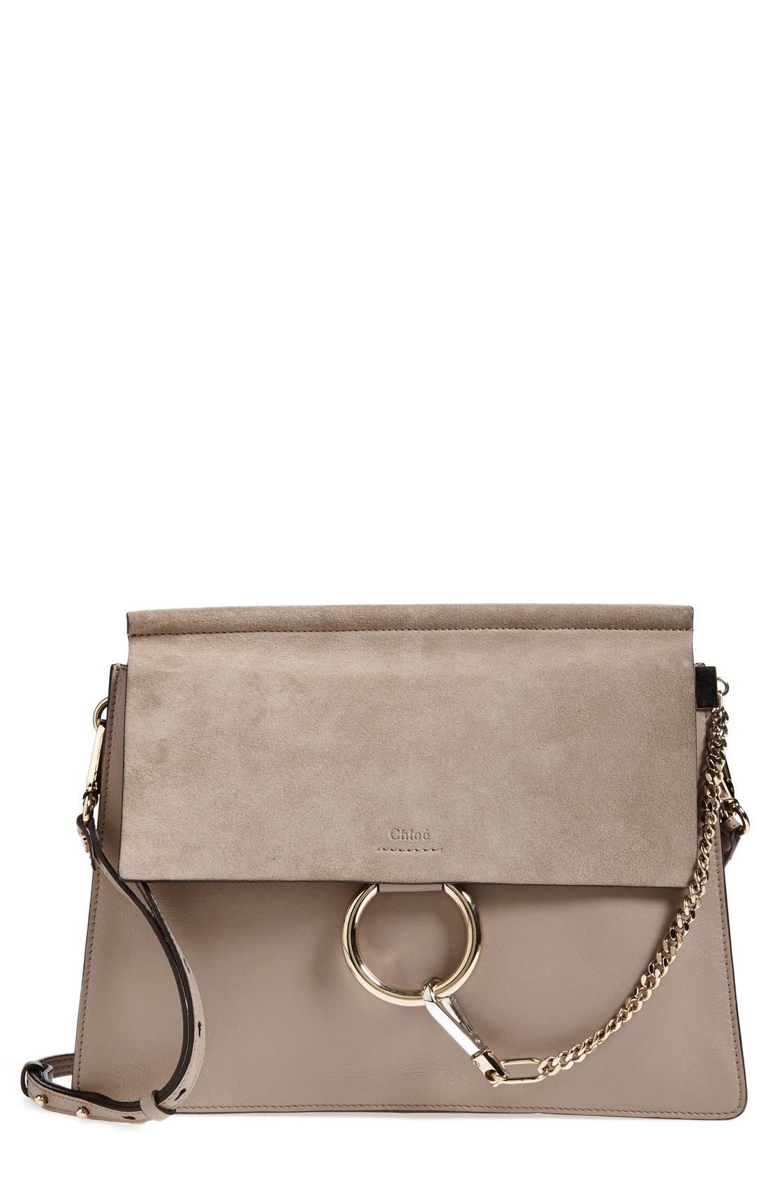 'Faye' Leather & Suede Shoulder Bag, Main, color, MOTTY GREY