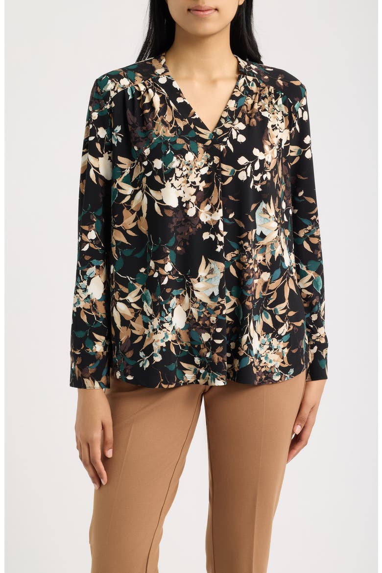 Printed Notched V-Neck Long Sleeve Top, Main, color, ANNE BLACK/ TREELINE MULTI