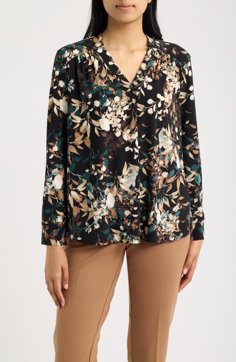 Printed Notched V-Neck Long Sleeve Top