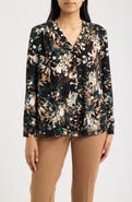 AK ANNE KLEIN Printed Notched V-Neck Long Sleeve Top