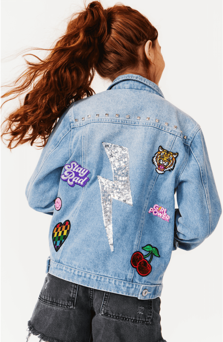 Little Chicken Girls' Denim Jacket With Studs & Patches, Alternate, color, Light Denim