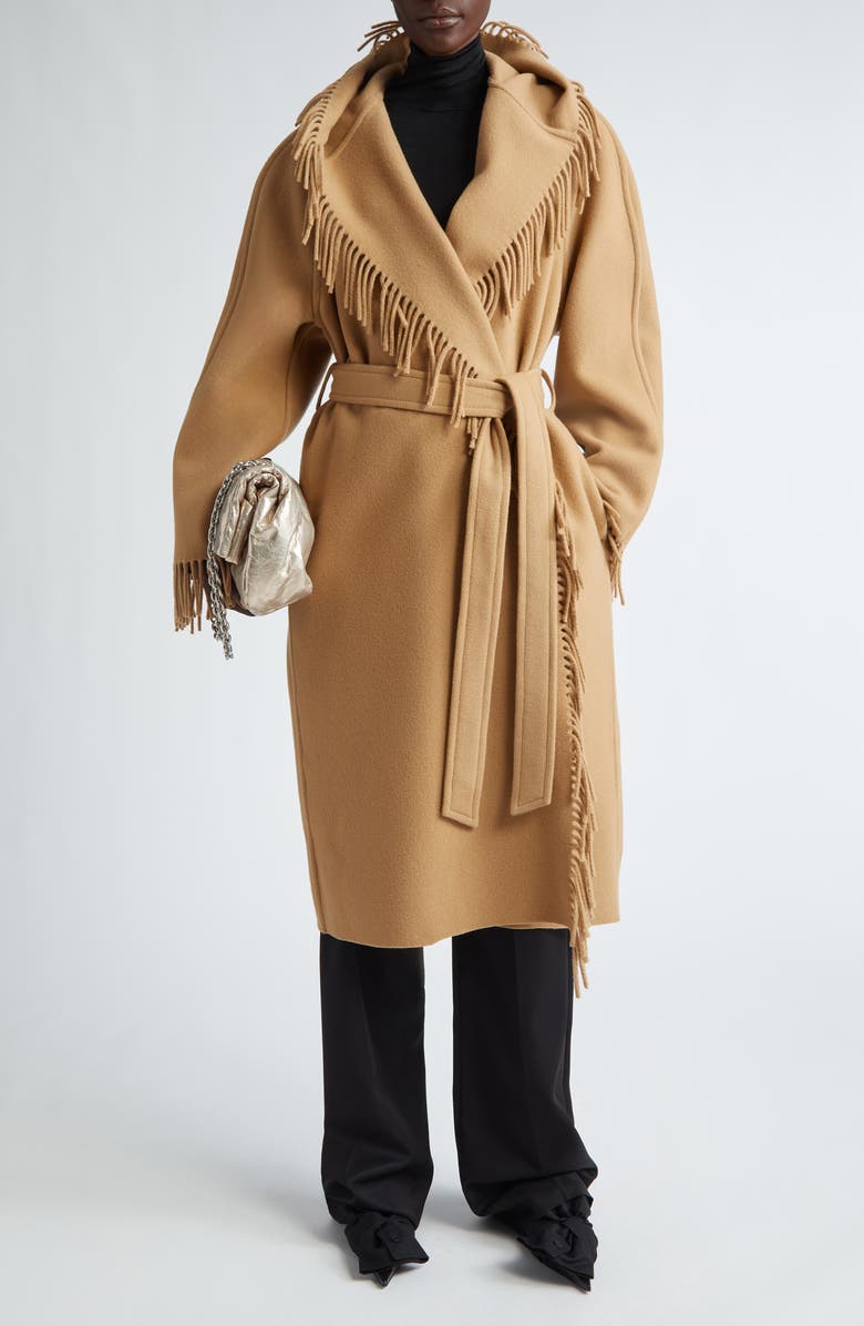 Fringe Wool Hooded Wrap Coat