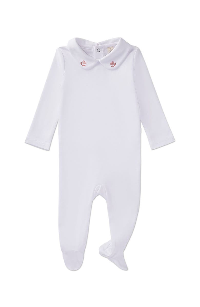 MiniMoi Heart-Embroidered Peter Pan Collar Footie, Main, color, Winter White