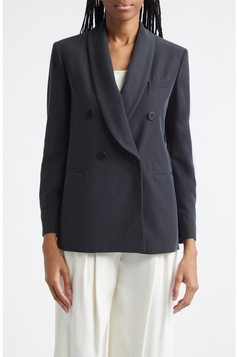 Relaxed Fit Double Breasted Cupro Blazer, Main, color, SOLID BLACK