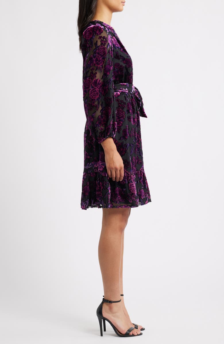 Eliza J Ruffle Floral Burnout Long Sleeve Fit & Flare Cocktail Dress, Alternate, color, Black Wild Berry