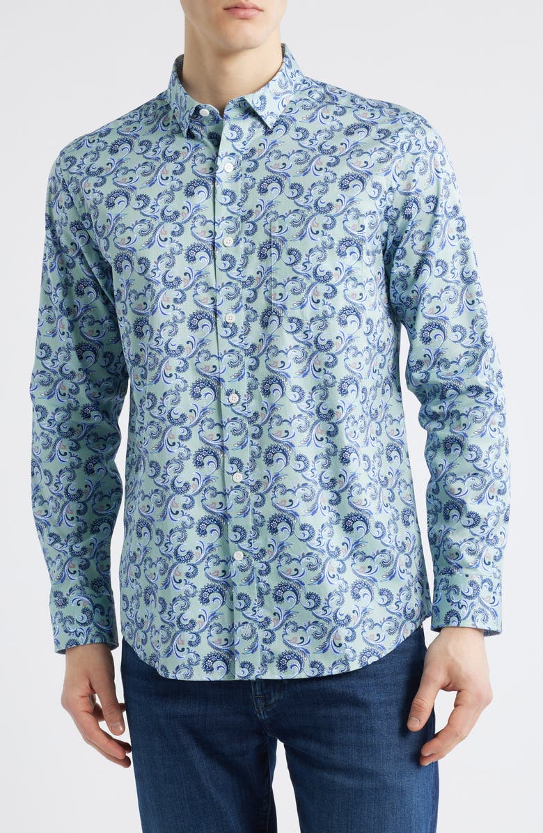Johnston & Murphy Check Paisley Button-Up Shirt, Main, color, Sage/Navy