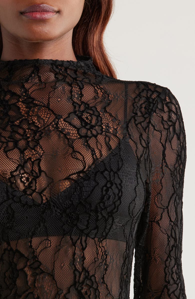 Good American Sheer Lace Long Sleeve Stretch Gown, Alternate, color, 