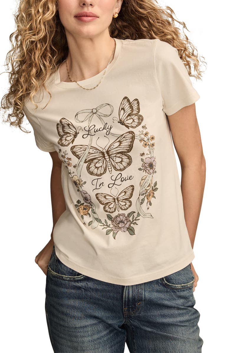 Lucky Brand Lucky in Love Butterfly Cotton Graphic T-Shirt, Main, color, Bright White