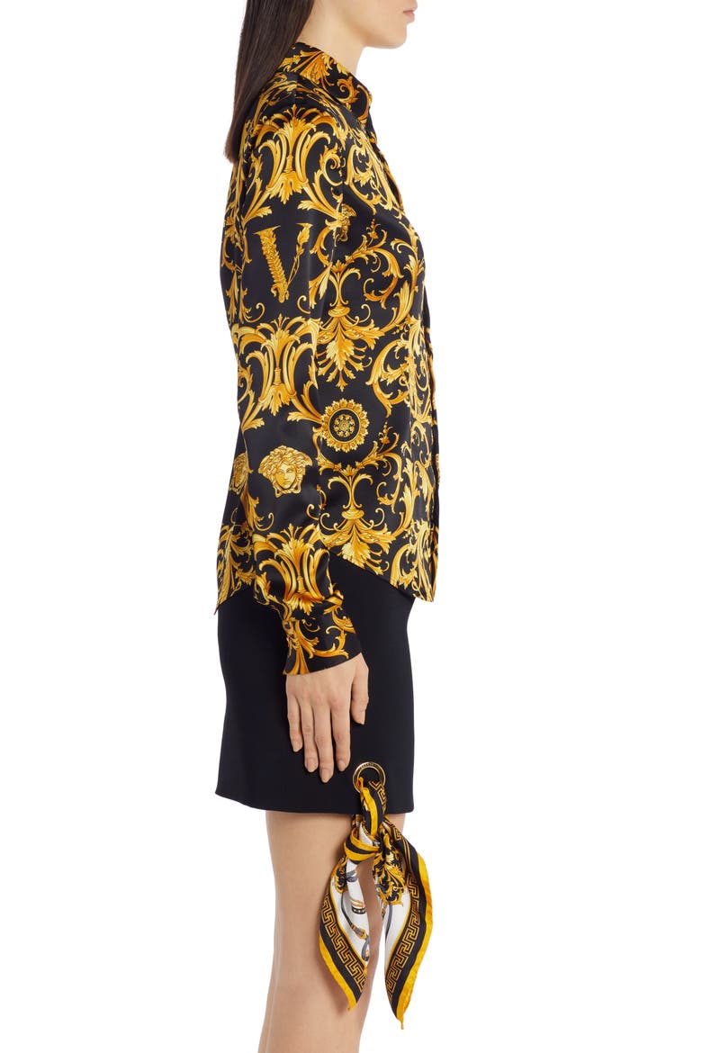 V-Barocco Print Stretch Silk Blouse, Alternate, color, BLACK/GOLD