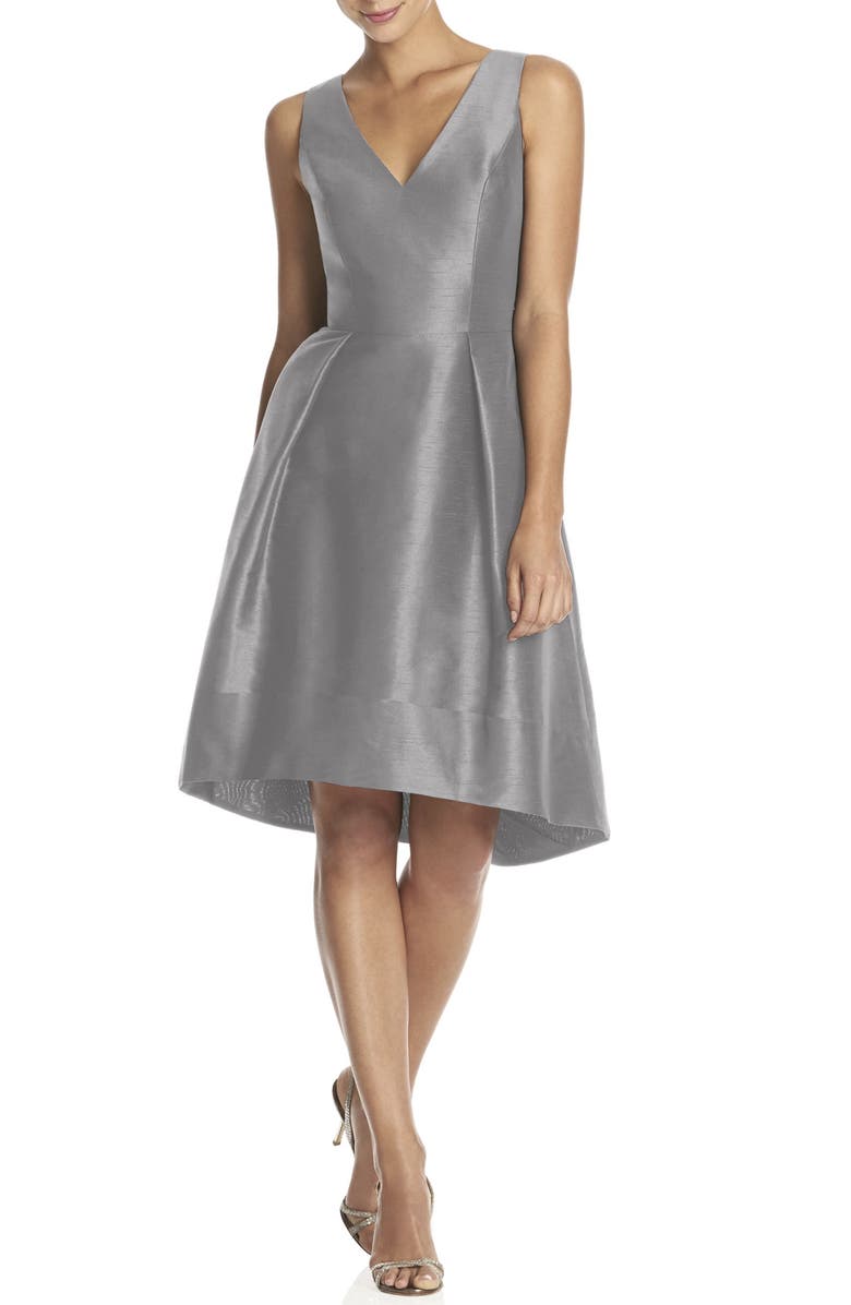 Alfred Sung Satin High/Low Fit & Flare Dress, Main, color, 
