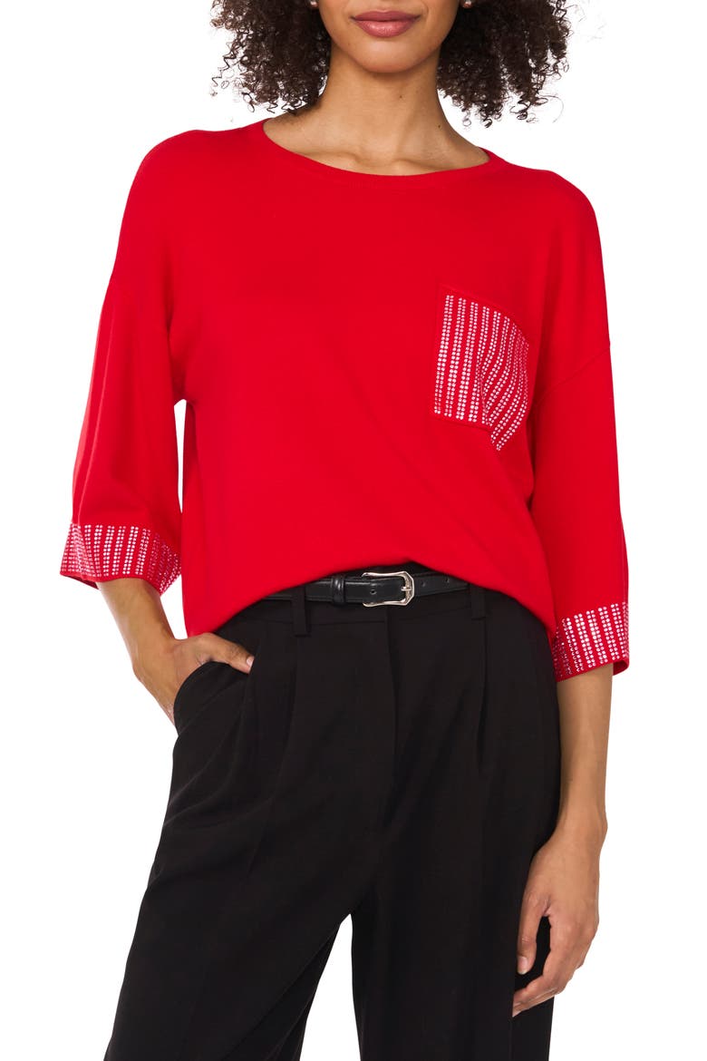Embellished Trim Three-Quarter Sleeve Sweater, Main, color, BRIGHT CHERRY