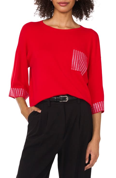 Embellished Trim Three-Quarter Sleeve Sweater