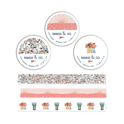 Illustrated Masking Tape - 3ct Rolls, Assorted Rolls (Fancy Bunnies + Pink Sunset + Chatham)