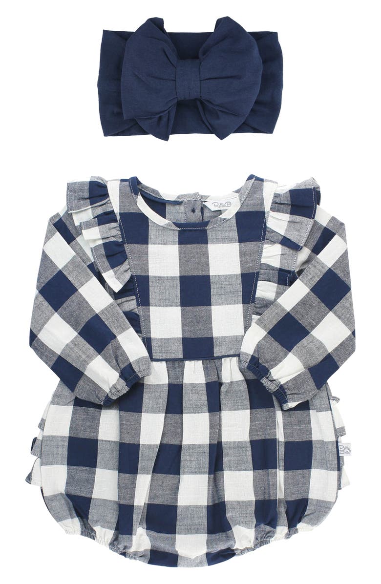 RuffleButts Kids' Navy Plaid Bubble Romper & Head Wrap Set, Main, color,