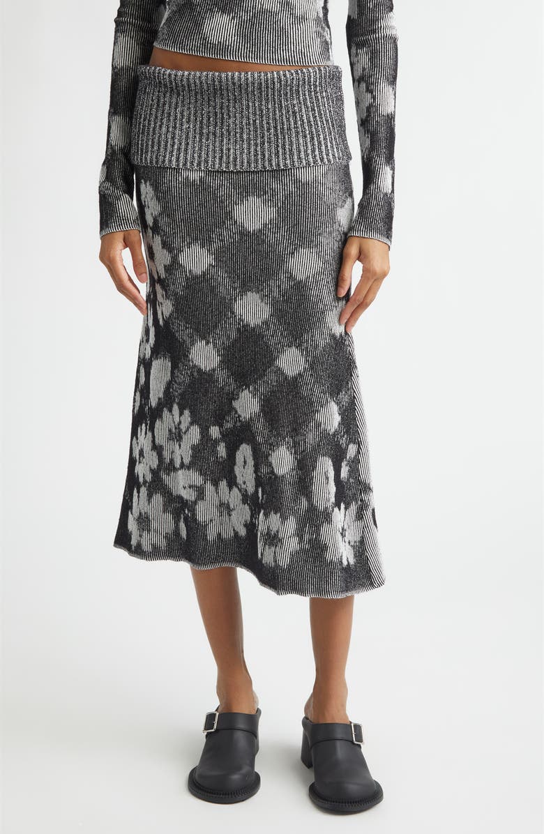 Paolina Russo Illusion Floral Jacquard Rib Sweater Skirt, Main, color, Black/ White