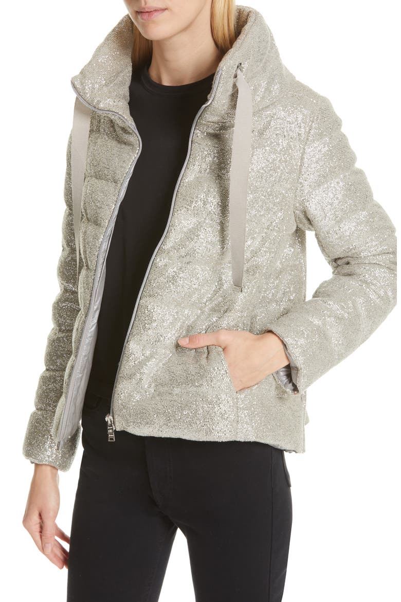 Pleat Back Quilted Down Sparkle Knit Jacket, Alternate, color, SILVER