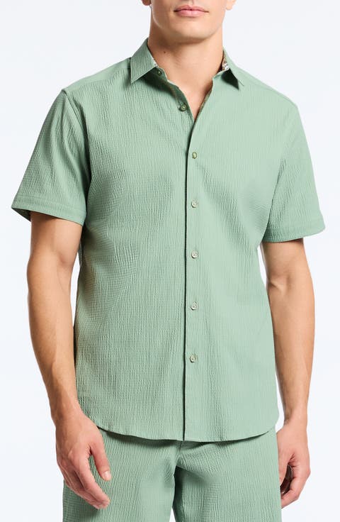 Thresher Classic Fit Solid Short Sleeve Cotton Seersucker Button-Up Shirt