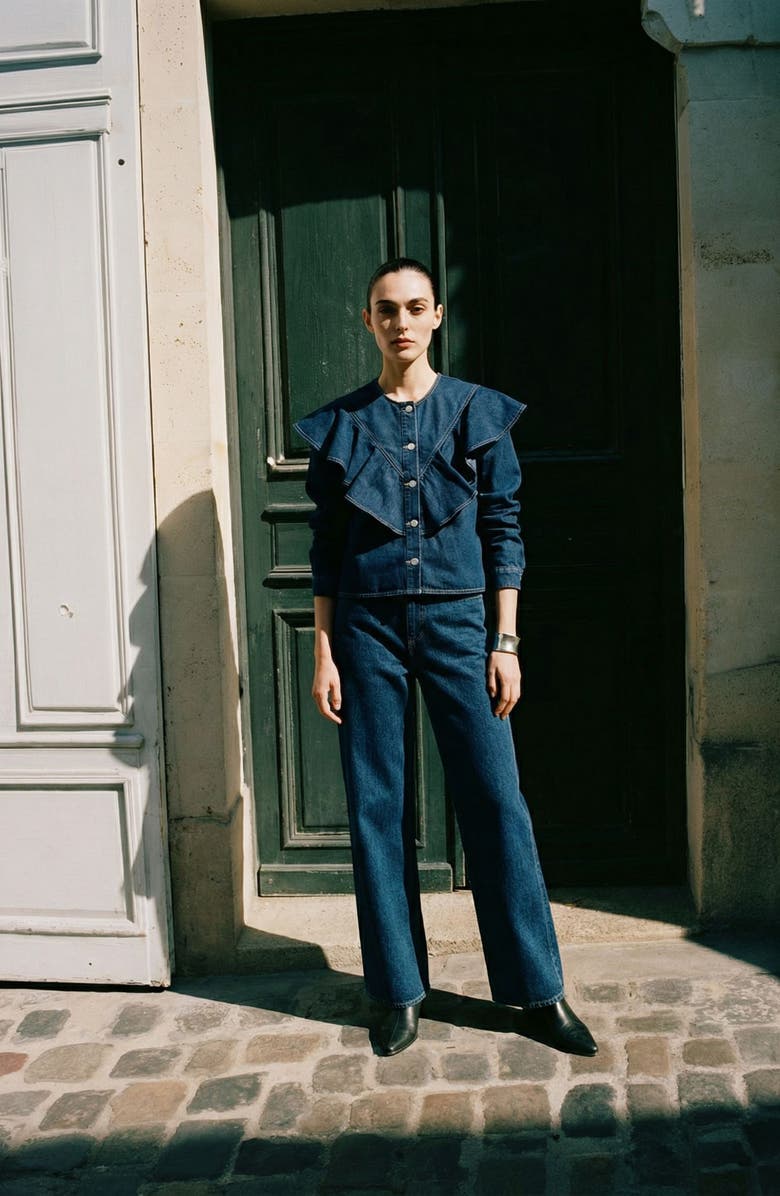 VERO MODA Fia Ruffle Placket Denim Button-Up Shirt, Alternate, color, Medium Blue Denim