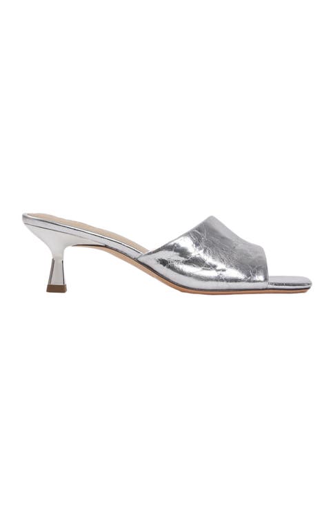 Heeled metallic leather mules